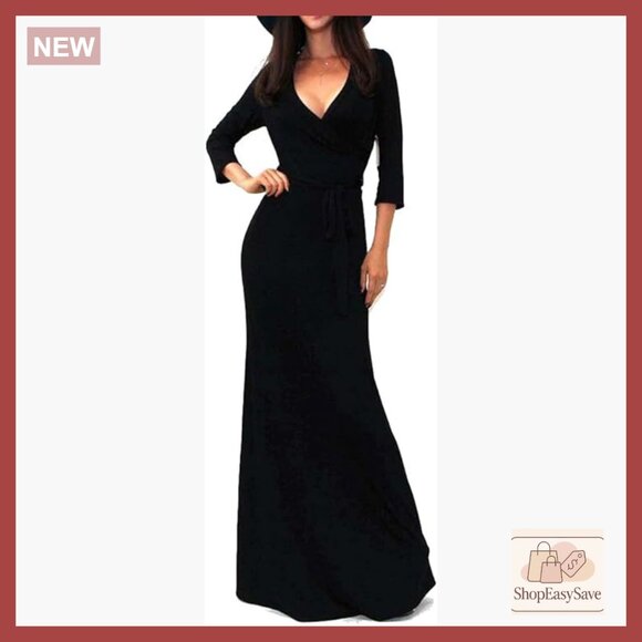 Dresses & Skirts - Elegant Faux Wrap Maxi Dress V-Neck 3/4 Sleeve Chic Evening Party Wear